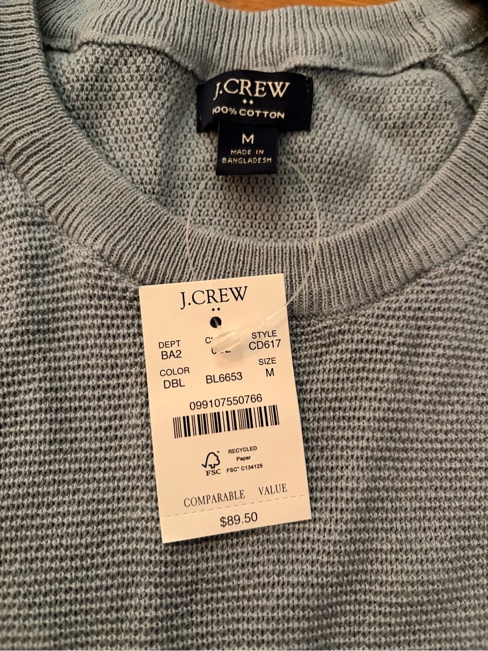J. Crew Men’s Sky Blue Waffle-Knit Crewneck Sweater